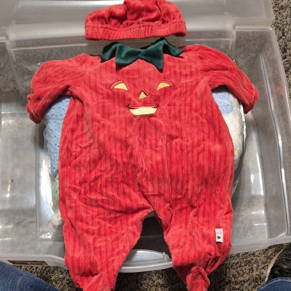 Little Me Pumpkin-Themed Orange Velor Kids One Piece w/ Hat